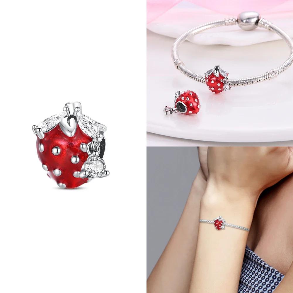 Fashion Woman Red Charms Copper Strawberry Ladybird Cars Lipstick Beads Fit Pandach Original Bracelets Diy Jewelry Gift