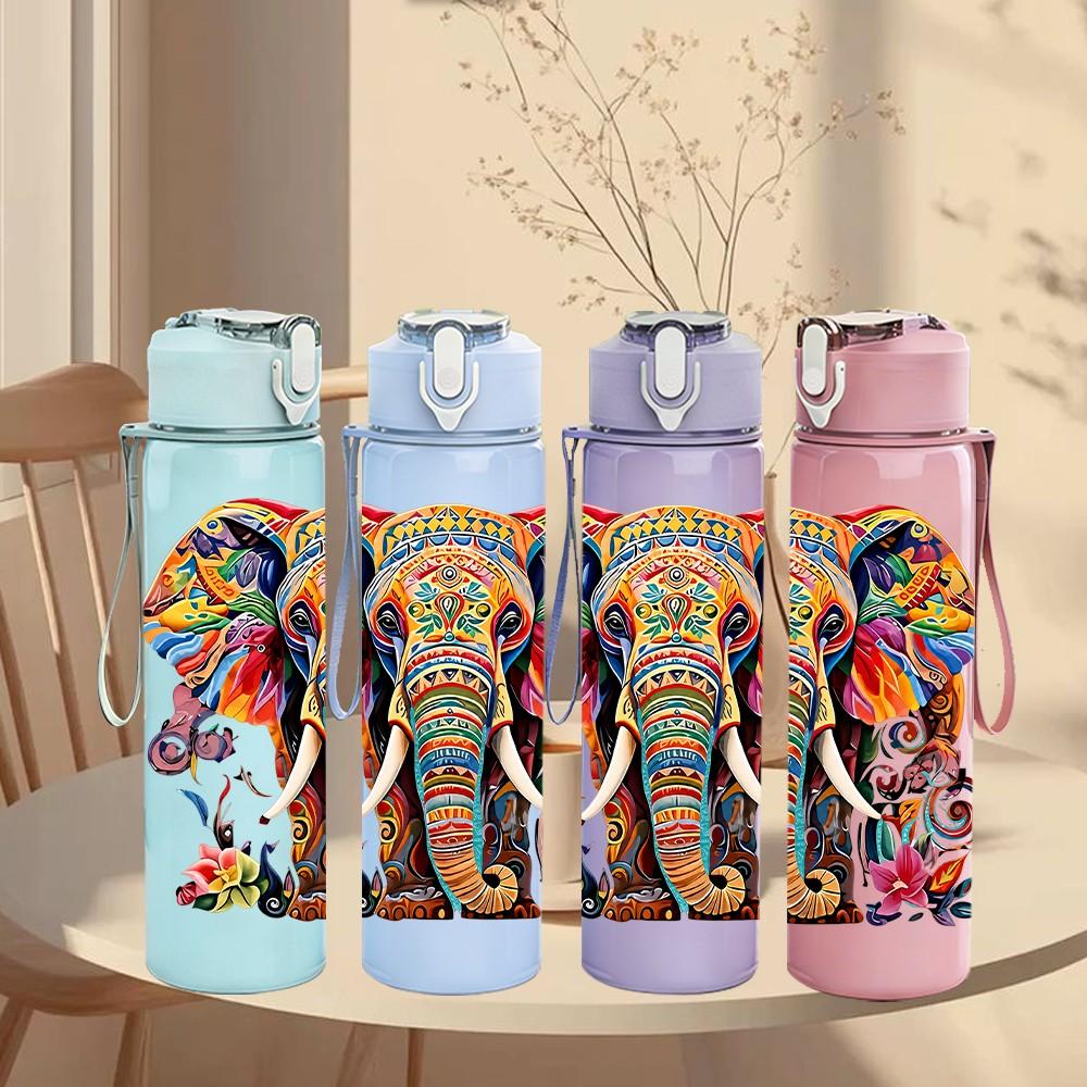 1PC Colorful Decorated Elephant Art Print 750ml Color Plastic Sports Water Bottle Leakproof Flip Straw Lid Suitable for Sports Office Home Use