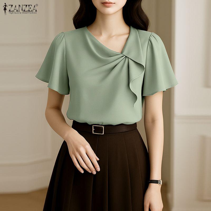 ZANZEA Women Casual Irregular Collar Solid Color Loose Short Sleeve Blouse