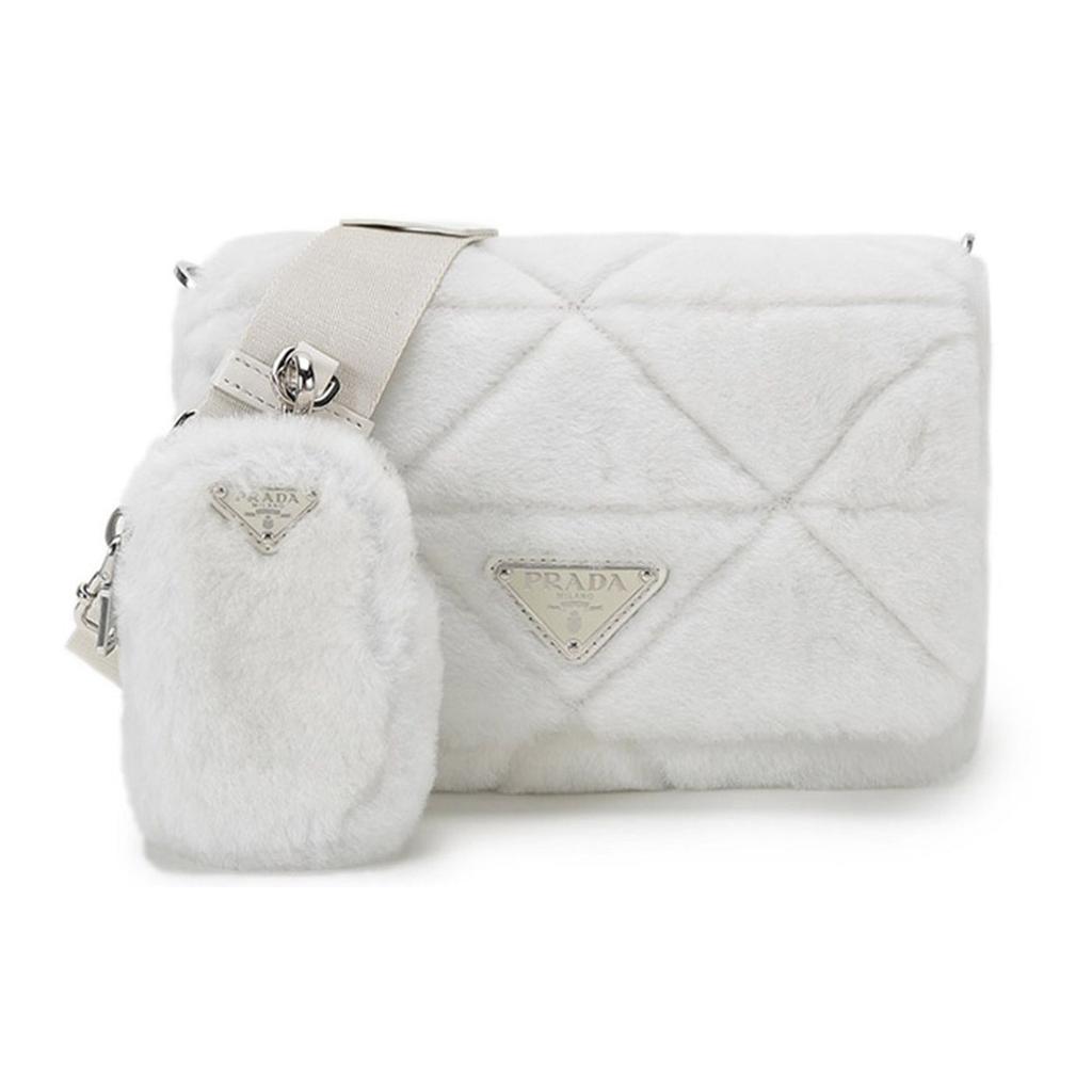 Prada System Serie Schaffell Crossbody Umhängetasche Damen Taschen Weiß 1BD292-2EC9-F0009-V-K9O