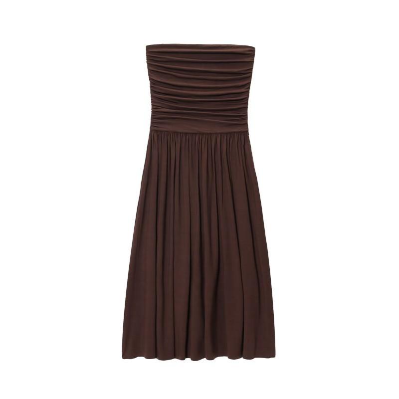 European American Women s Clothing Summer Temperament Slim Fit Pleated Long Tube Top Dress M коричневый
