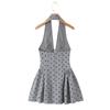 Pure Desire French Retro Flocking Polka Dot Sexy Deep V-neck Neck Halter Waist Thin Dress Short Skirt Women's Summer