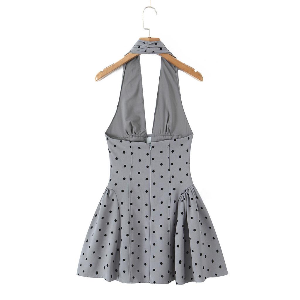 Pure Desire French Retro Flocking Polka Dot Sexy Deep V-neck Neck Halter Waist Thin Dress Short Skirt Women's Summer
