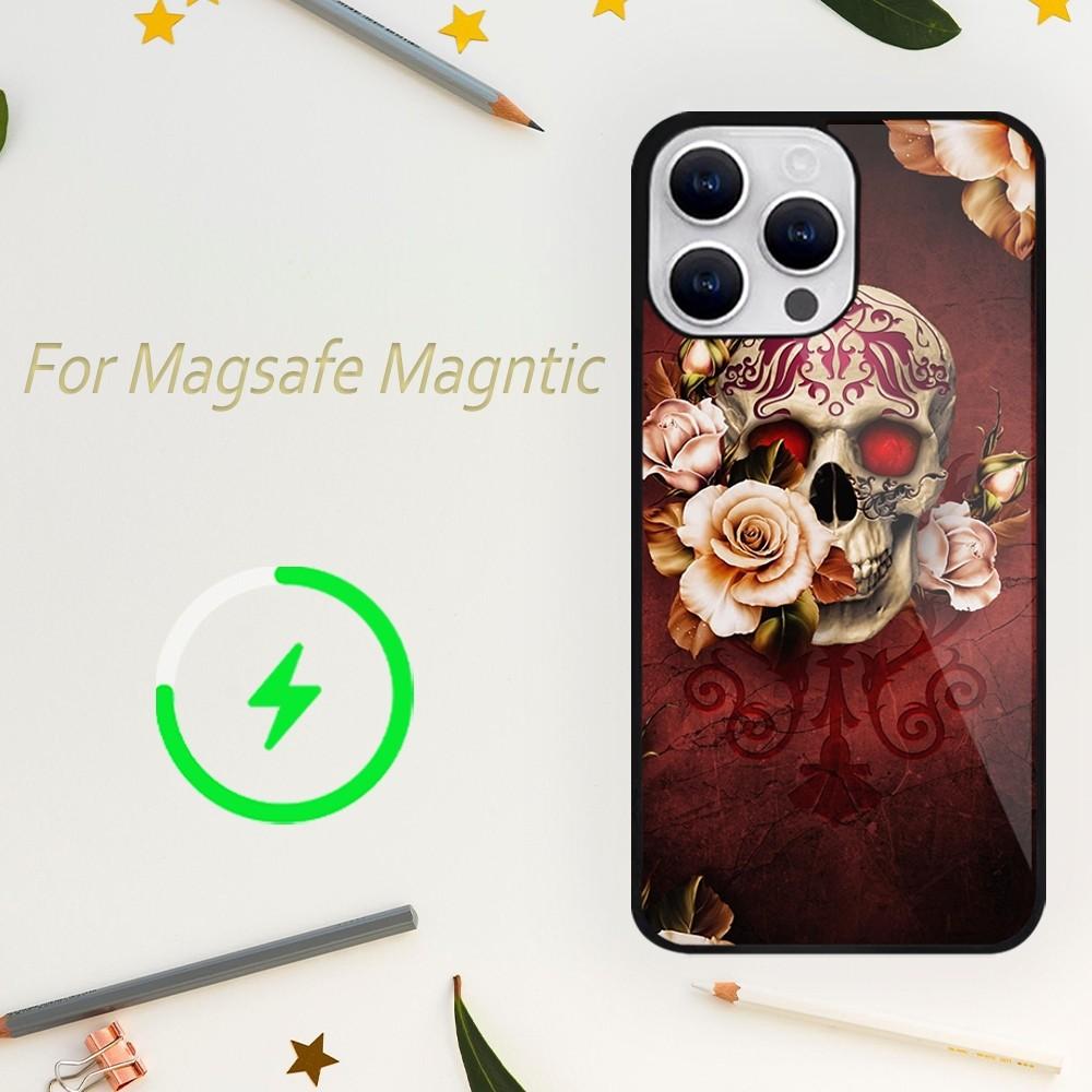 Etui na telefon Deluxe Skull Dead Flowers do iPhone'a 15 14 13 12 11 Plus Pro Max Magsafe Magnetic Wireless Charging