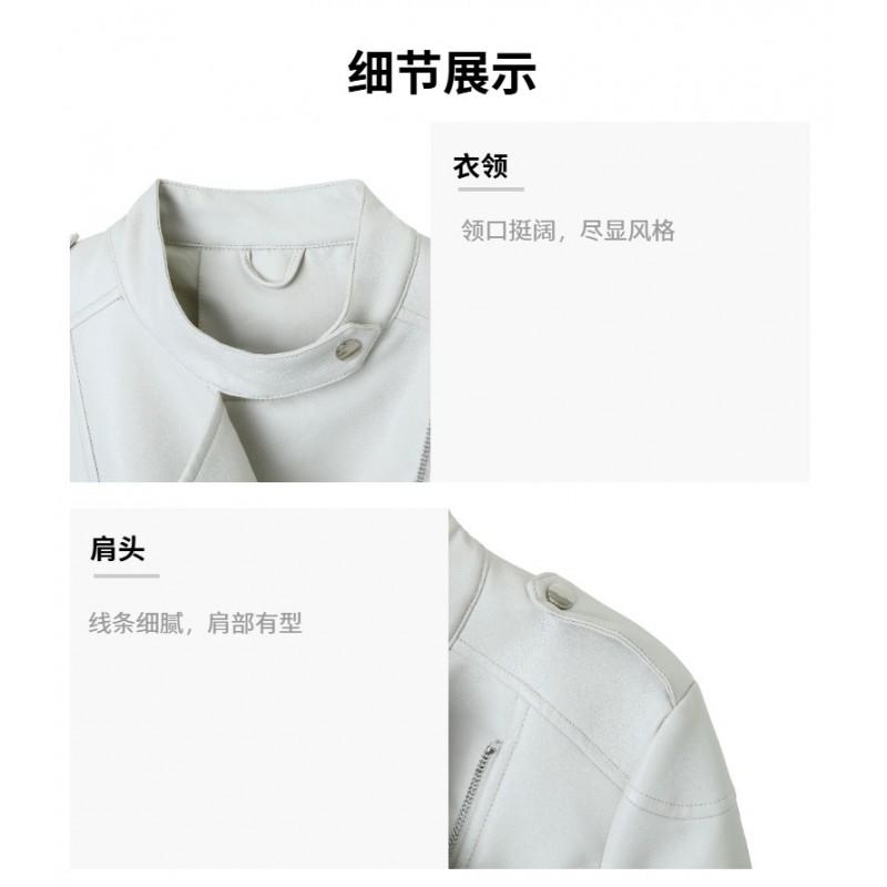 Womens Faux Leather Moto Jacket Round Neck Diagonal Zip Slim Fit Streetwear Outerwear White Black S M L XL