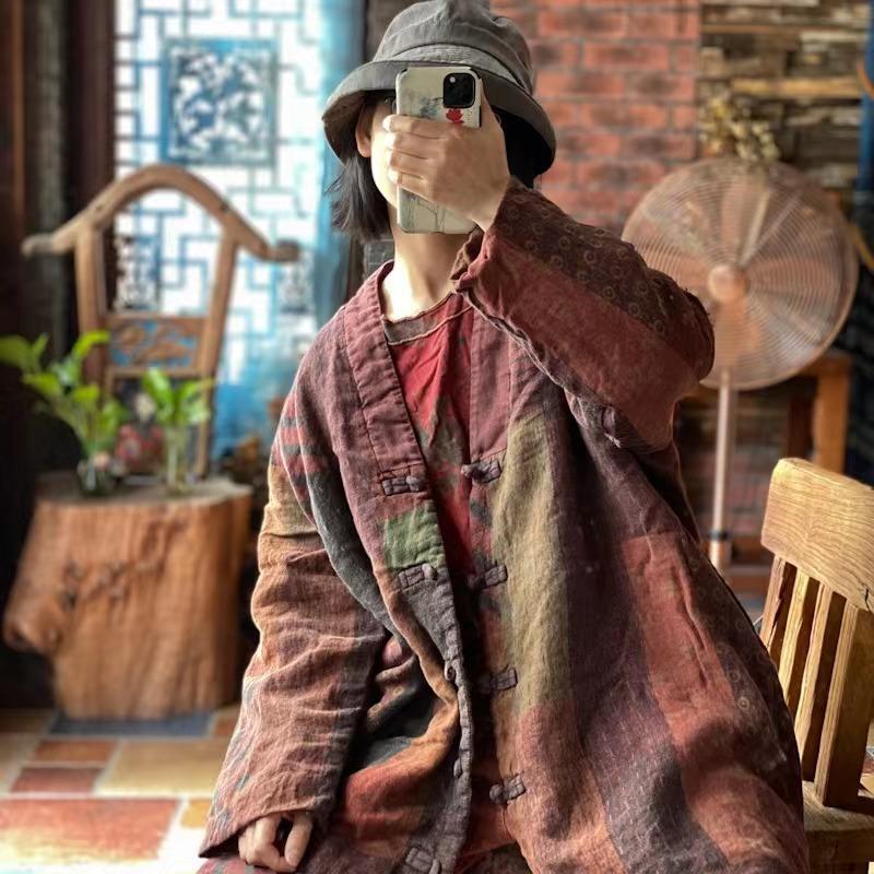 

Johnature льняные лоскутные принты винтажные женские пальто в китайском стиле весенние свободные хлопковые парки с длинными рукавами в стиле ретро с v-образным вырезом One Size разноцветный