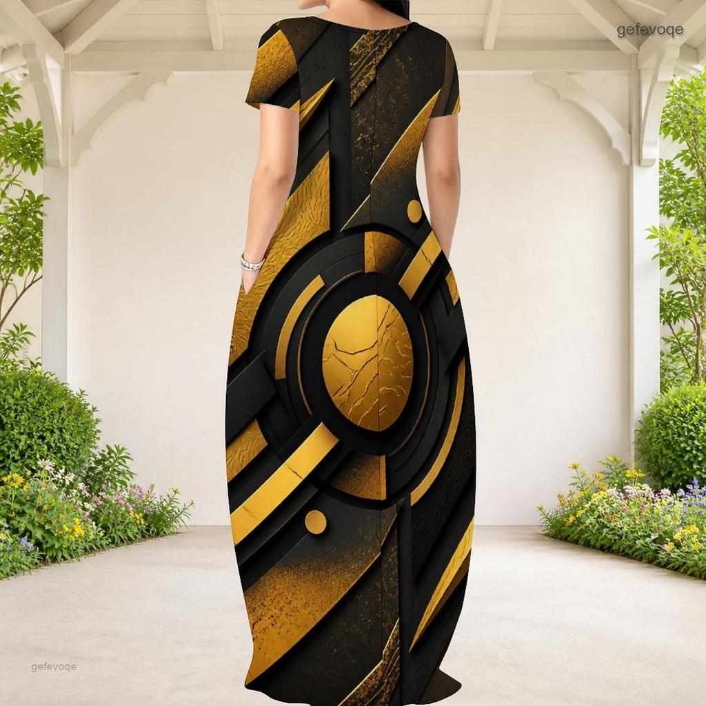 Women Plus Size Round Neck Short Sleeve Printed Green Black Loose Maxi Dress With Side Pockets