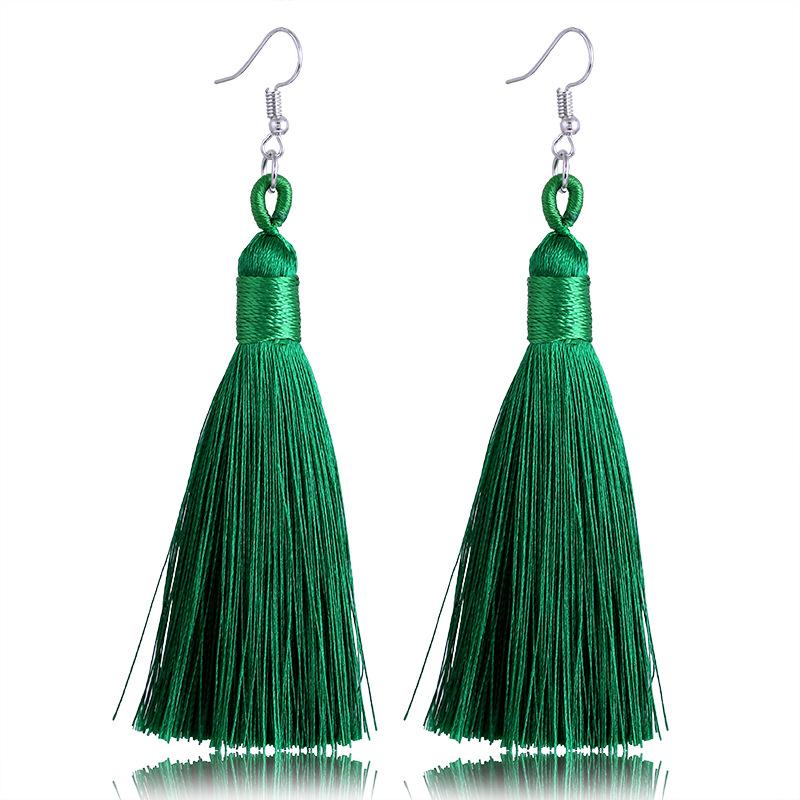Women Tassel Earrings Bohemian Cotton Thread Cords Brush Drop Dangle Earrings Handmade Silk Fabric Long Hanging Earrings Zircon