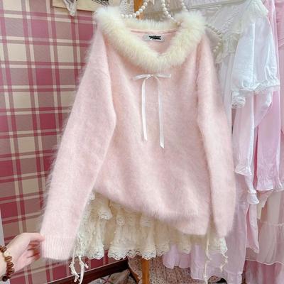 Suéter Rosa de Mohair con Cuello en V y Cuello de Pelo Suave para Mujer - Colección Otoño/Invierno