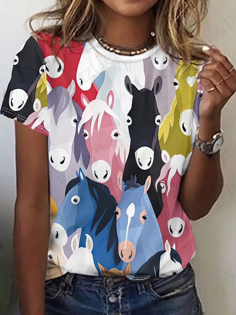 T-shirt d'été vintage pour femme avec imprimé cheval en 3D, t-shirt tendance pour femme, col ras du cou, manches courtes, hauts pour enfants, t-shirts animaux