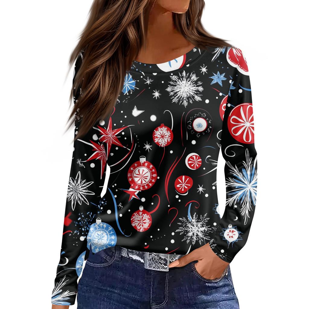 Women's Fashion Casual Slit Hem Round Neck Long Sleeve Loose Christmas Printed T-Shirt Ladies Top