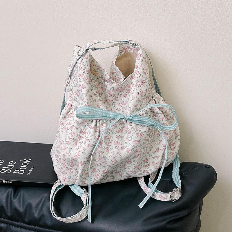 

Универсальная холщовая сумка с бантом для девочки, женская, 2025, новая, летняя, милая, с цветочным принтом, с ручной плиссировкой, на плечо, подмышку
