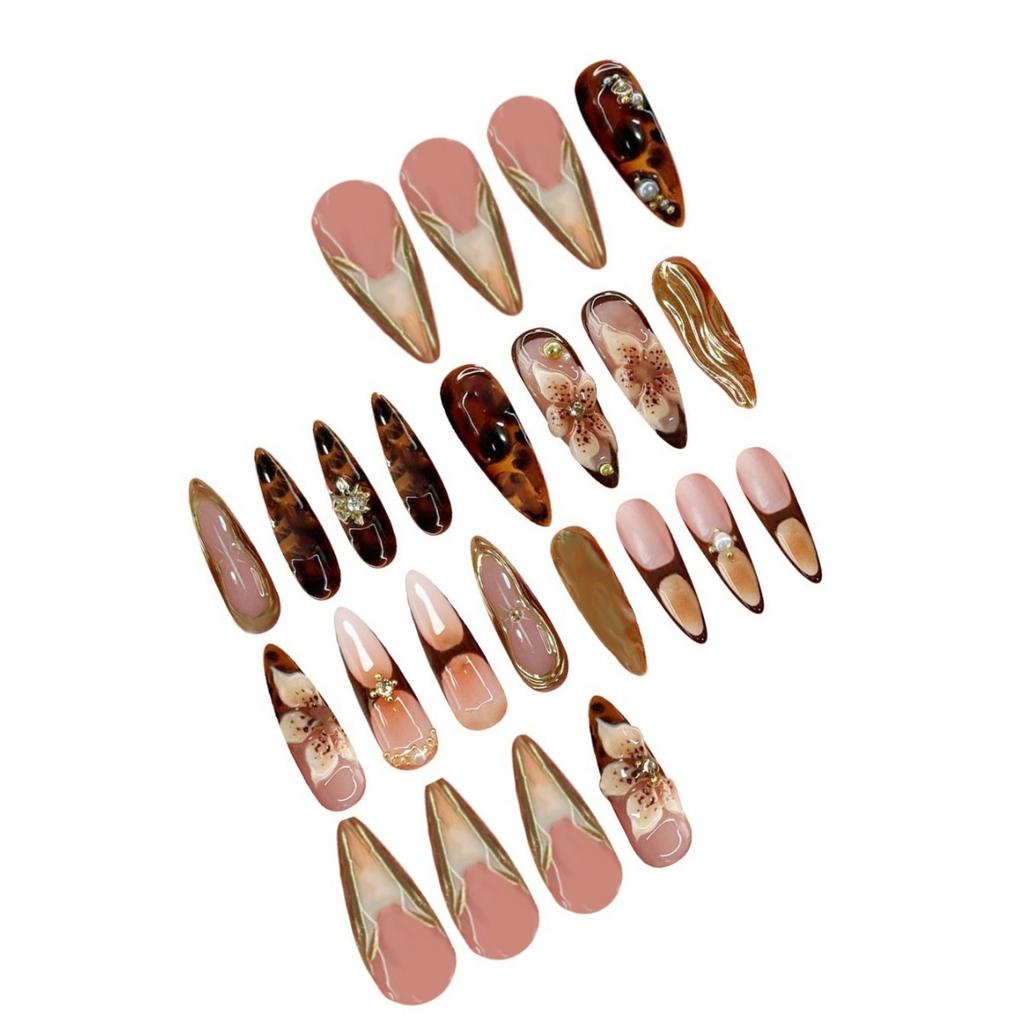 Press On Nails Gold Fake Nails Flower Glue On Nails with 3D Design Almond Stick On Nails Glossy Artificial Acrylic Full Cover False Nails for Women