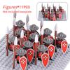 11 Silver Gray Knight Figures w Yel Edge Helm Swords Red Cross Shields White Cloaks No Baseplate