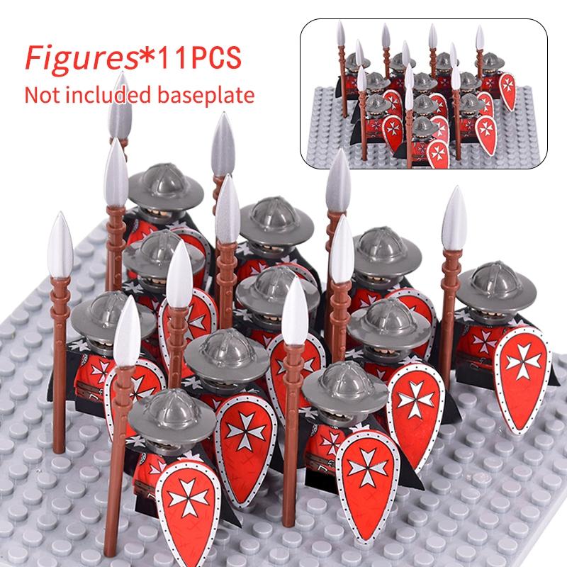 11 Silver Gray Knight Figures w Yel Edge Helm Swords Red Cross Shields White Cloaks No Baseplate