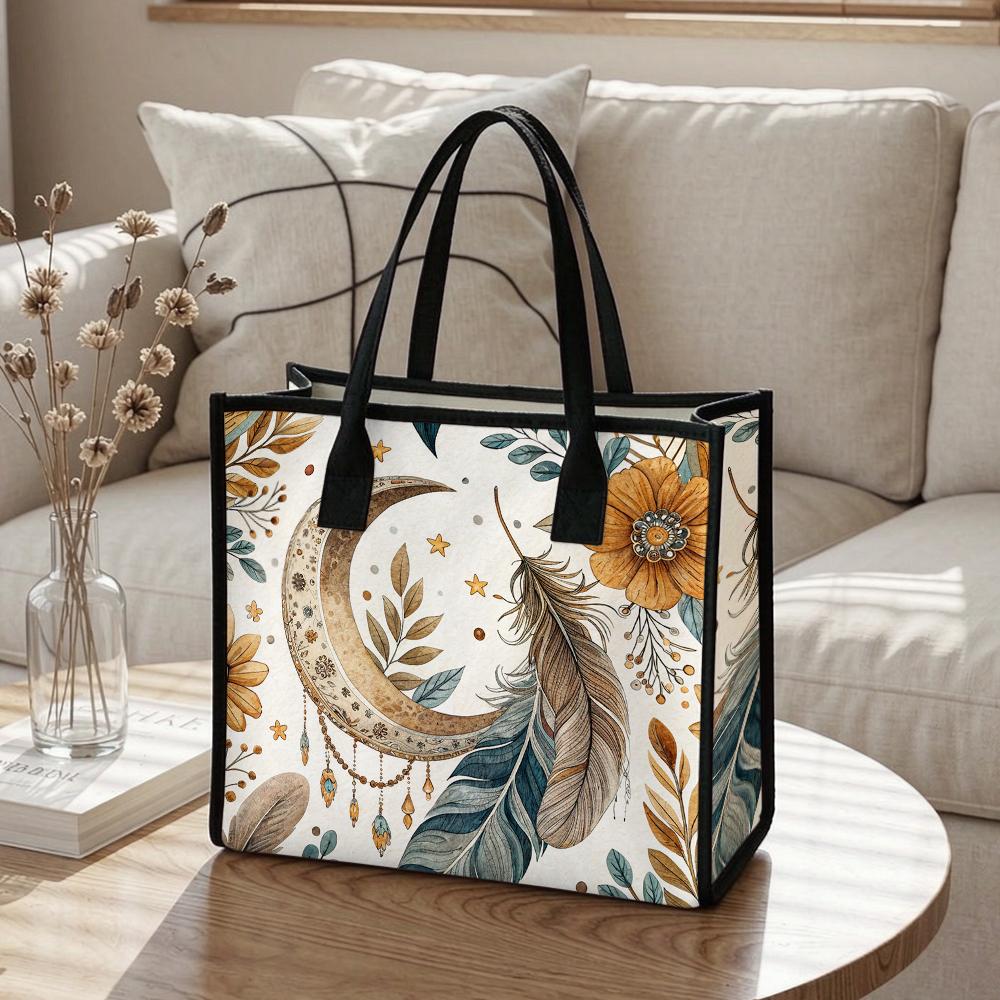 Bohemian Moon Feather Tote Bag Floral Printed Shoulder Bag for Daily Use
