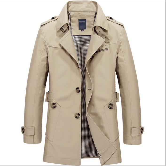 Men's Washed Cotton Fleece-Lined Mid-Length Trench Coat - Casual Autumn/Winter Outerwear