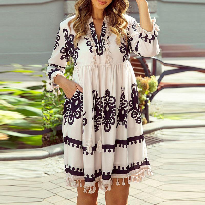 

Summer New Arrival Retro Geometric Print Dress Women 2025 Fashion Fashion Tassels Loose-Fitting Belly Covering Skirt Women Apricot XL code fits (70.00 kg-75.00 kg
