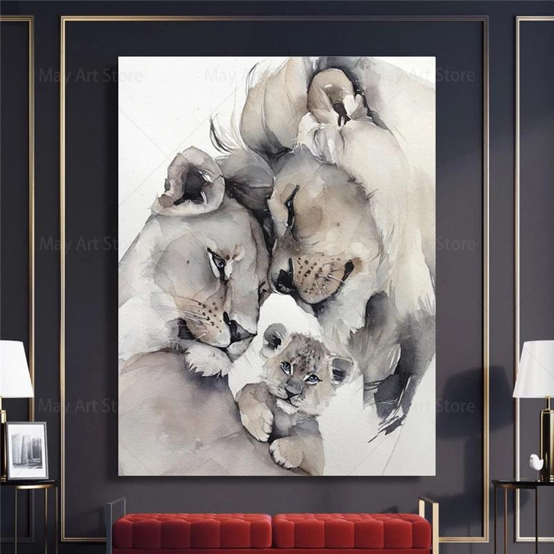 Modern Animal Loving Lion Family Canvas Painting Posters  Prints Wall Art Pictures for Living Room Home Wall Decoration Cuadros
