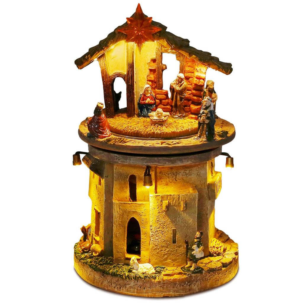 Κινούμενο Χριστουγεννιάτικο Χωριό Σκηνή Γέννησης Αγία Οικογένεια Περιστρεφόμενη Φιγούρα Φάτνης με Θρησκευτικά Τραγούδια Και Φώτα Εσωτερική Διακόσμηση