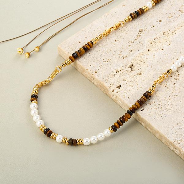 

Tiger Eye & Pearl Clavicle Necklace - Luxurious, Versatile, Vintage Pendant for Summer