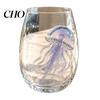 Artistic Blue Ring Octopus Glass 12oz Water Cup, Embossed Design, Hand Painted Marine Style Decorative Ocean Theme Barware Drinking for Lovers