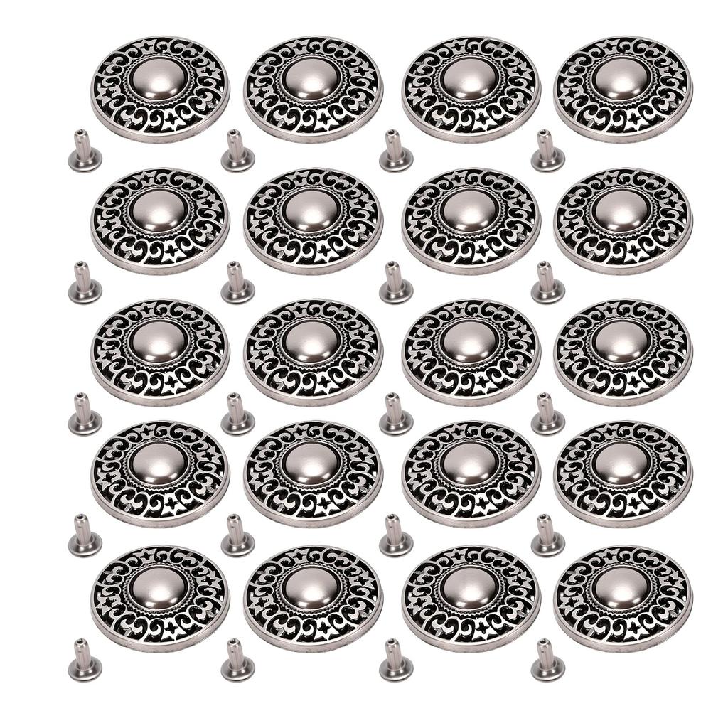20pcs Metal Jeans Buttons Kit 24mm Metal Buttons Rivet Stud Set for Pants DIY Crafts Antique Silver