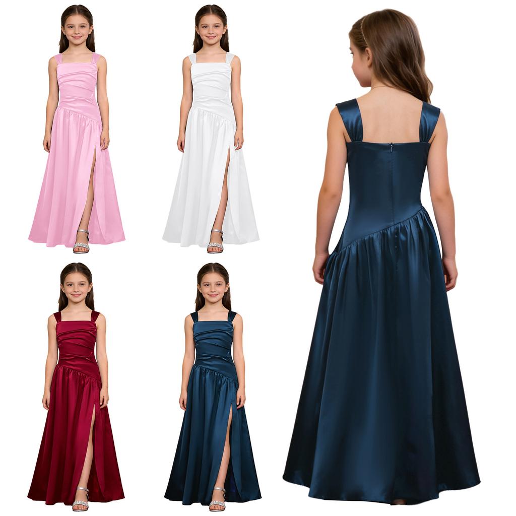 Kids Flower Girls Elegant Satiny Party Gown Sleeveless Ruched Bodice Asymmetrical Drop Waist A-line Hem with Side Split Dress for Wedding Baptism