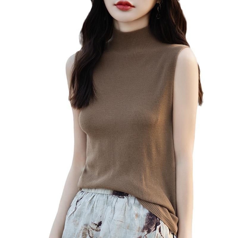 KuaJing Women's 2025 Summer Knitted Camisole Vest - Thin, High Collar, Loose-Fit, Sleeveless