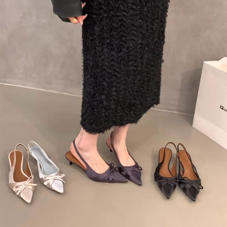 Fashion 2025 Comfort Shoes for Women Sandals Stiletto Heels Bow Tie Summer New Female Purple Large Size New Low Heels Pointed Toe Shoes