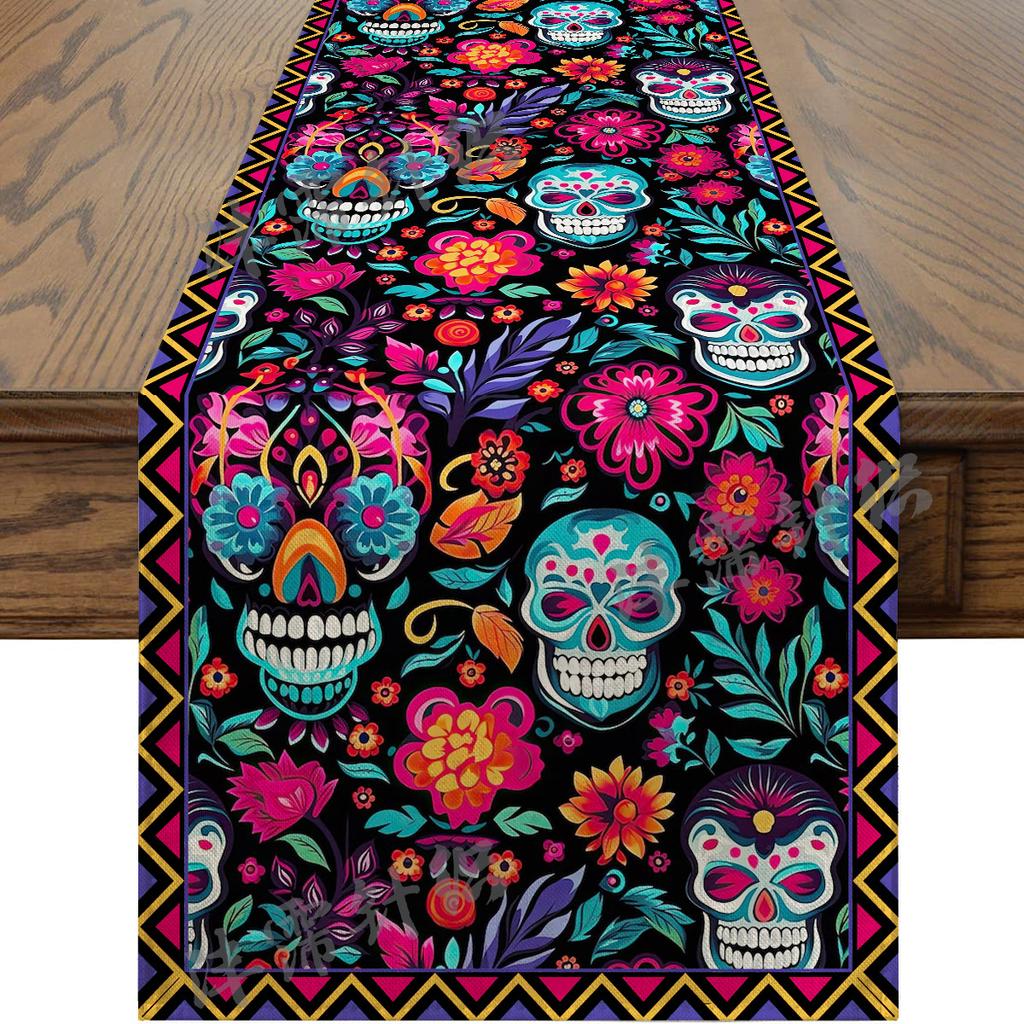 Halloween Table Runner Faux Linen Long Strip Day of the Dead Christmas Holiday Dining Decor