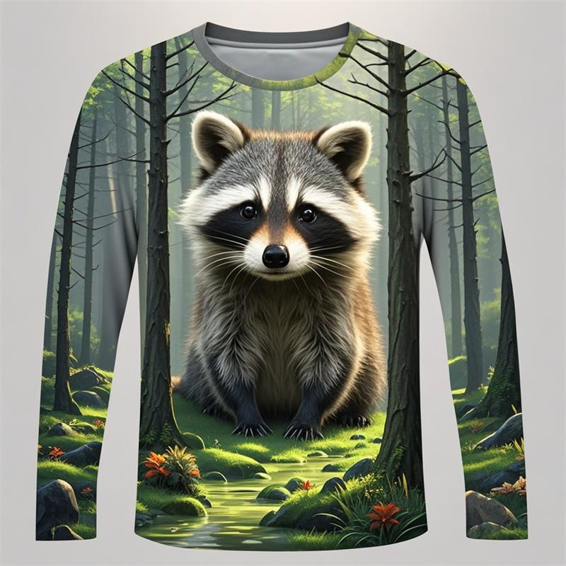 Cute Raccoon Graphics T Shirts Summer Fashion Long Sleeve Funny 3D Animals Printed Mens T-shirt Casual Oversized Harajuku Tees