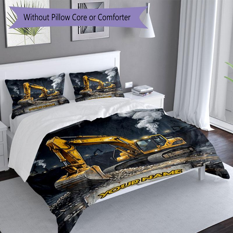 3PC Custom Name "Excavator Action" Bedding Set Duvet Cover Closure Includes 1 Duvet Cover & 2 Pillowcases for Bedroom