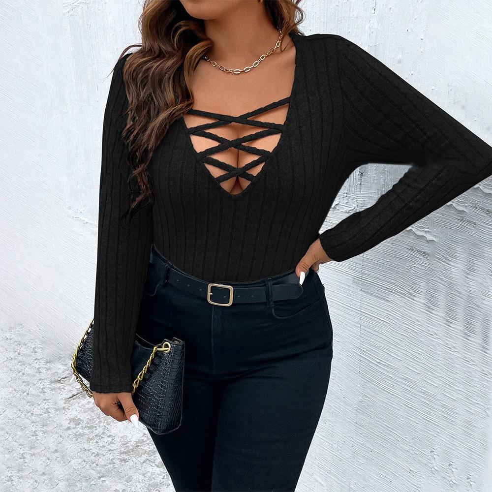 Plus Size Women S V Neck Hollow Sexy Slim Fit Long Sleeve Solid T Shirt 1XL