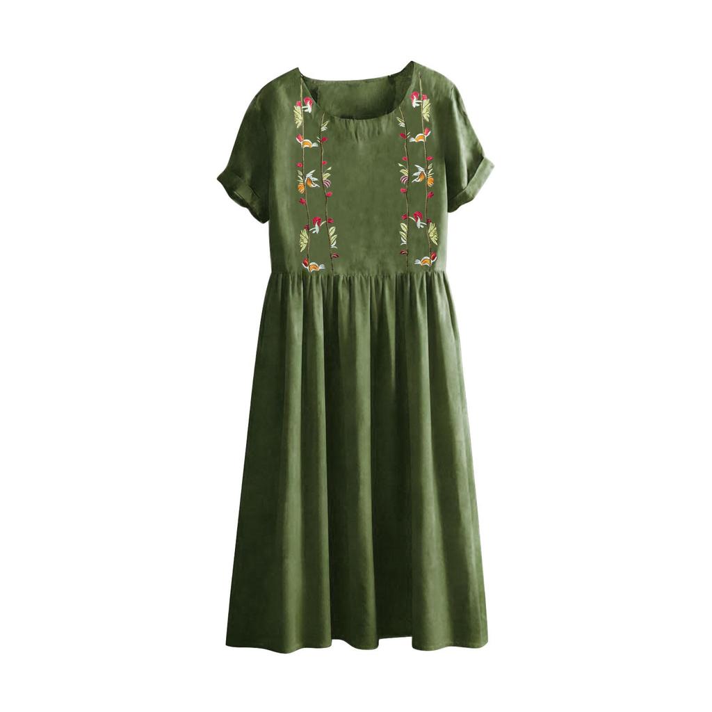 Women’s Short Sleeve Embroidered Midi Dress with Pockets Relaxed Fit Crew Neck Casual Summer Dress for Everyday Wear