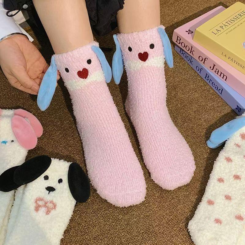 Cute Puppy Dog Coral Fleece Socks Mid-Tube Socks Autumn Winter Plus Velvet Thickened Home Sleeping Floor Socks Warmer Socks Gift