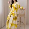 Womens Loose Floral Print Long Sleeve Wrap Dress With Lantern Sleeves High Waist A-Line Midi Casual Elegant