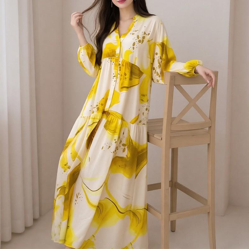 Womens Loose Floral Print Long Sleeve Wrap Dress With Lantern Sleeves High Waist A-Line Midi Casual Elegant