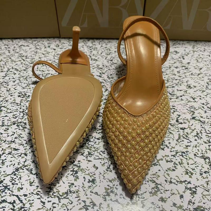 Fashion Brand Fashion Woven Mesh Beading Women Pumps Elegant Pointed Toe Chic Thin High Heels Summer Classic Slingback Office Lady Shoes