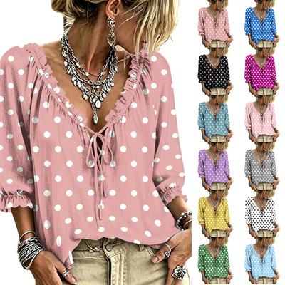 Damen-Polka-Dot-Bluse mit V-Ausschnitt, Rüschenbesatz und Bindung vorne