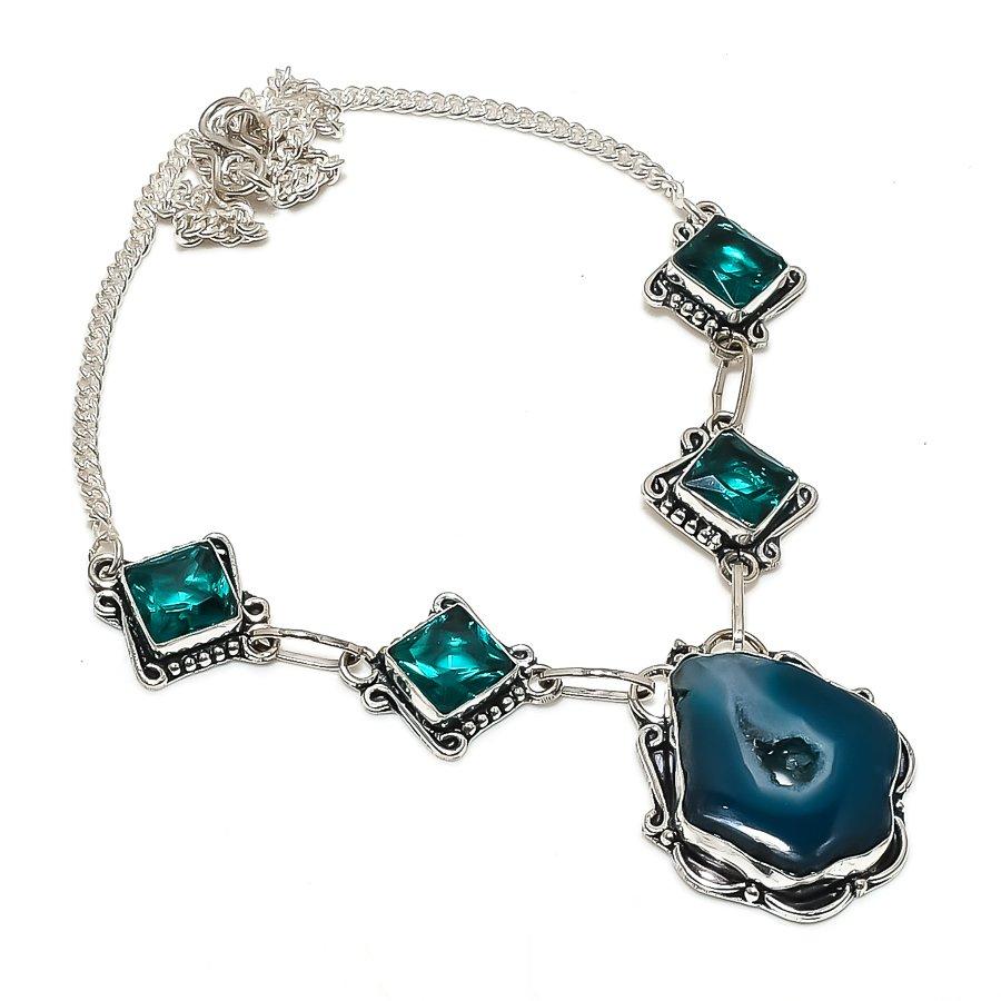 Natural Blue Druzy Slice, Diopside 925 Sterling Silver Jewelry Necklace 18" b1w68