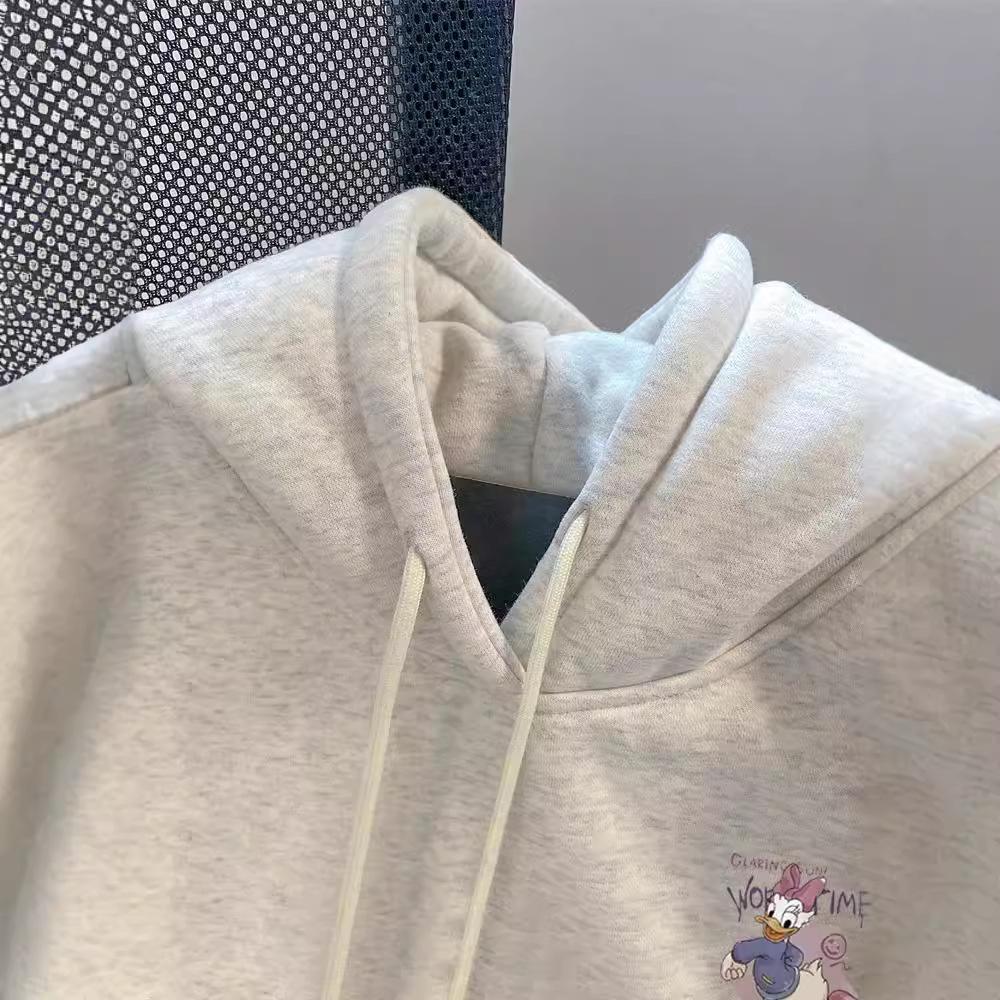 Women's Plus Size Gray Donald Duck Hoodie - American Style, Silver Fox Velvet, Thickened for Autumn Winter.