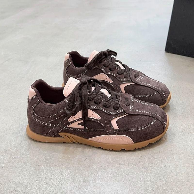 2025 Autumn Color Matching Retro Moral Training Shoes Women's Internet Celebrity Flat-bottomed Versatile Cow Velvet Casual Sports Shoes Tide
