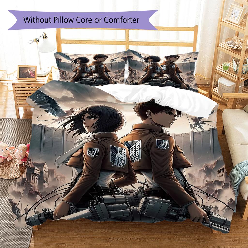 Attack on Titan Pattern Bedding,Quilt Set Quilt Cover Pillowcase Home Birthday Gift (1 * duvet cover + 2 * pillowcase, without core)