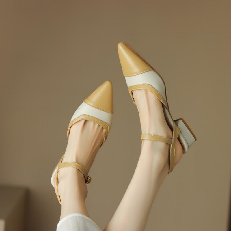 Sommerschuhe Damen Sandalen mit hohen Absätzen neue lässige Taschenkopf hinten freie Sandalen Rindflechse weiche Sohle große Größe Schuhe spitz Schnalle