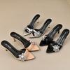 Plus Size 35-42 Black PU Leather Crystal Bowknot Women Slippers Sandals Fashion Goblet Heeled High Heels Mules Slides Shoes