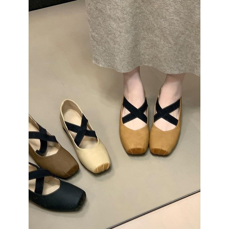 Niche cross-strap ballet shoes 2025 new inner height-increasing square head shallow mouth single shoes