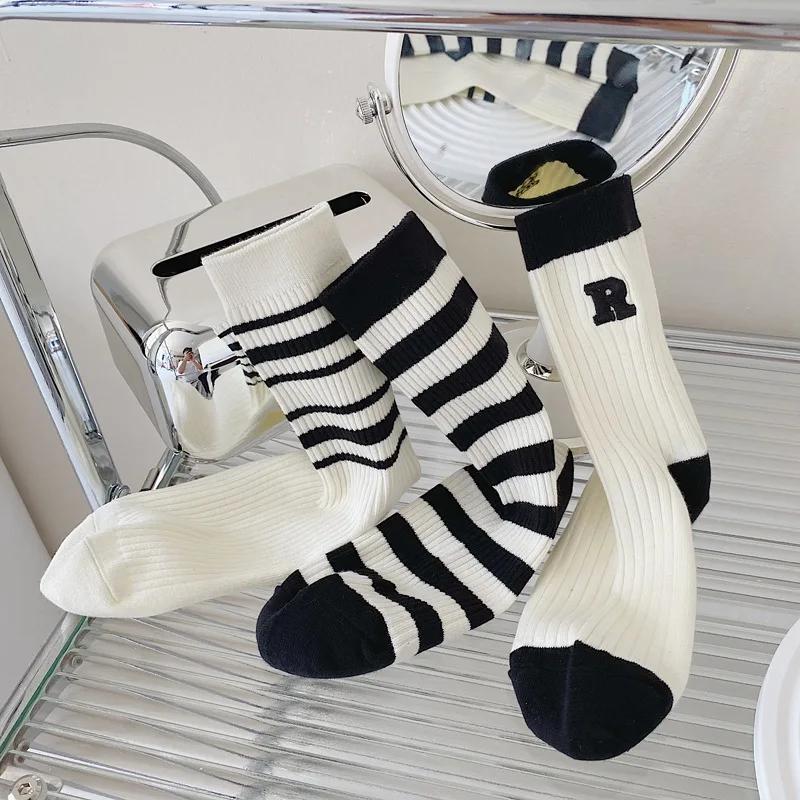 5 pairs of women's mid length stockings with a four season college style, striped sports and fashionable winter socks
