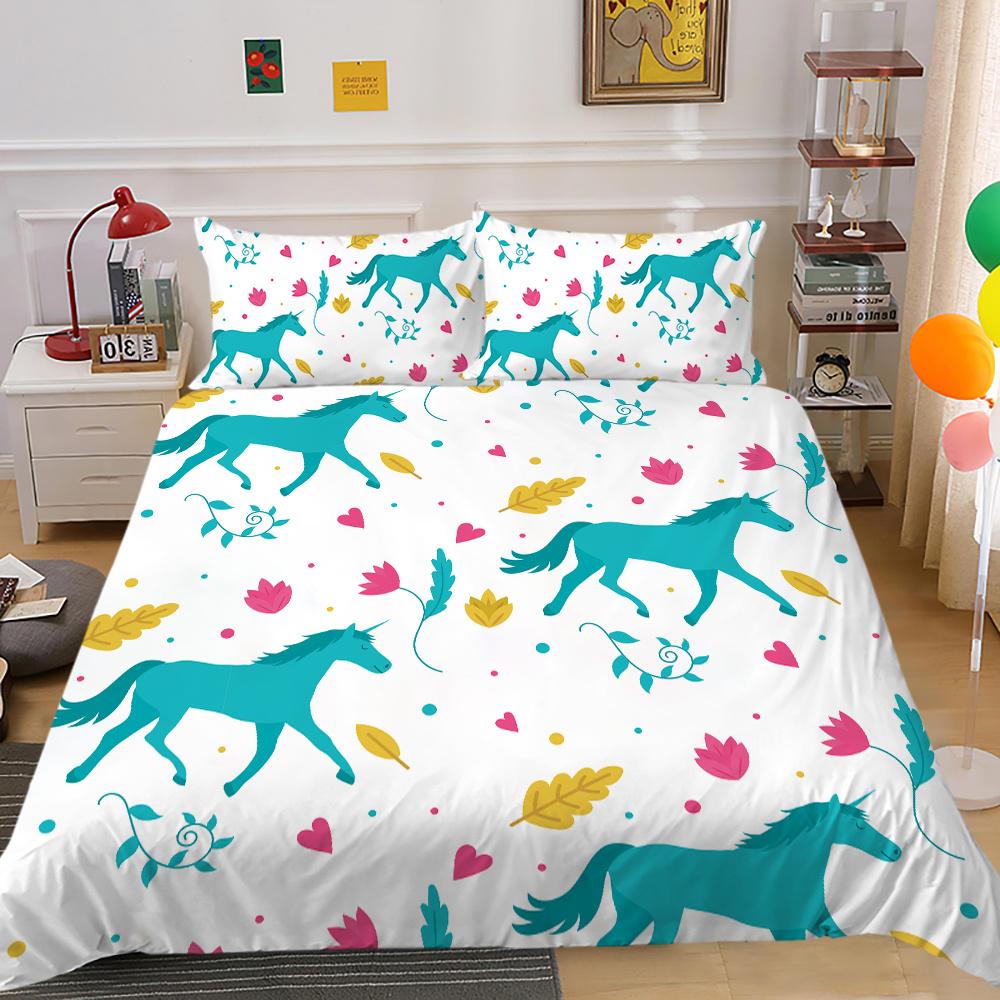 2023 Ny stil Dynetrekksett med Putetrekk Enhjørning Utskrift Sengedrakt King Queen Size Hjemmetekstiler Luksus Sengetrekksett