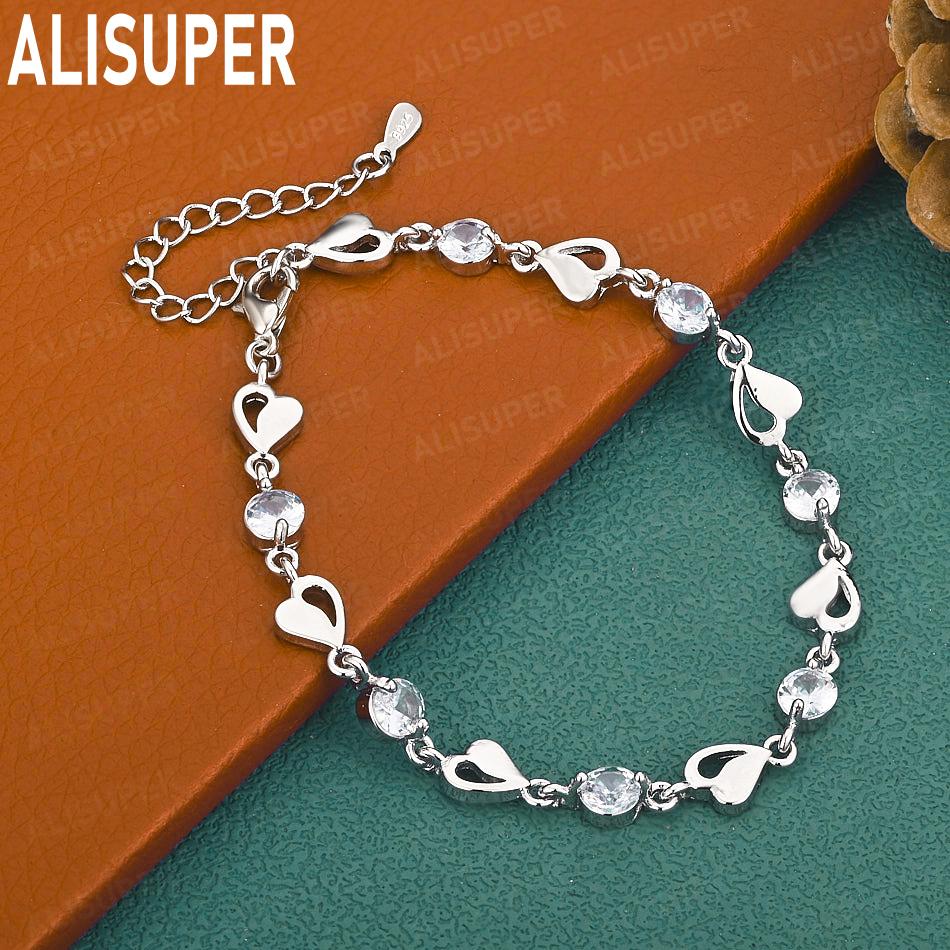 Exquisite 925 Sterling Silver AAA Zircon Heart Bracelet - Fashionable Gift Jewelry 20cm